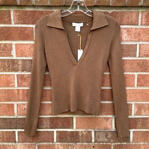 House of Harlow 1960 Deep V-Neck Ribbed Long Sleeve Sweater sz Small NWT Tan